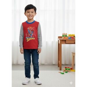 Superman Graphic T-Shirt Long Sleeve DC‎ Comics Red Gray Kids Size M Colorblock